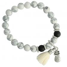 White Marble Stone Stretch Cord Bracelet with Pineapple Charm and tassel