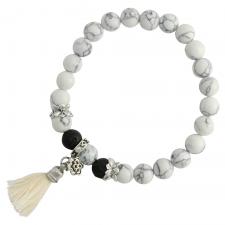 White Marble Bead Lotus Bracelet with White Tassel