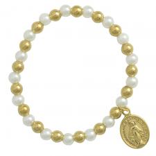 Gold PVD and White Pearl with Mary Charm Bracelet
