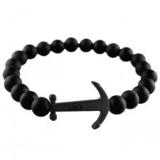 Stretch Cord Bracelet with Black Matte Finished Beads and Anchor Charm
