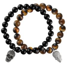 Natural Tiger Eye Stone Stretch Bead Bracelet with Micro Pave Skull Charm 