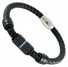 Black Braided Leather Bracelet w/ Carbon Fiber Barril & CZ Accent