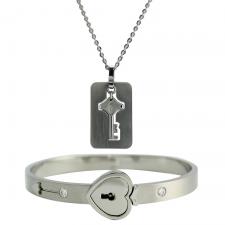 Stainless Steel Bangel with Heart Lock Key Chain Set