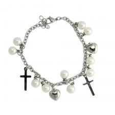 Women's Stainless Steel Beaded Chain Bracelet with Cross and Heart Charms
