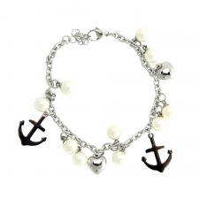 Women's Stainless Steel Beaded Chain Bracelet with Anchor and Heart Charms