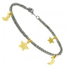 Stainless Steel Anklet / Bracelet Beads W/ GLD Moon & Star Charms