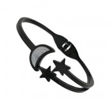 Stainless Steel Black Bangle w/ Moon and Stars
