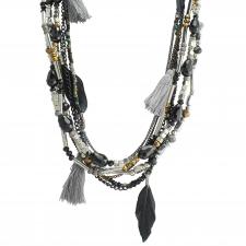 Silver & Black Bead Necklace with Mystic Feathers