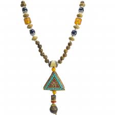 Natural Wood Beaded Necklace with Colorful Triangle Pendant
