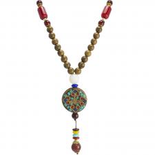 Wood Beaded Necklace with Red Mystic Pendant