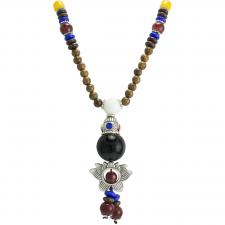 Wood Beaded Necklace with Lotus Pendant