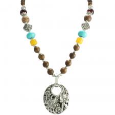 Wood Beaded Necklace with Floral Pendant
