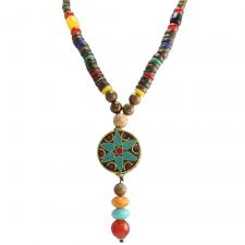 Multi-Color Wood Bead with Turquoise and Gold Dangle Pendant