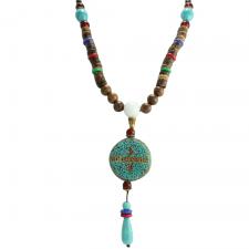 Multi-Color Brown Wood Bead with Dangle Turquoise Pendant