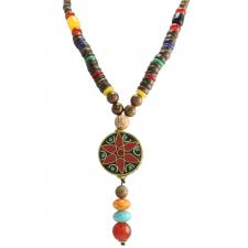 Multi-Color Wood Bead with Red and Gold Dangle Pendant