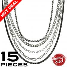This Package contains 15 Pieces of Assorted Necklaces, 3 Pieces x 5 Types of Chains 

Please Note, This Package Is Pre-Packaged According To Style Availability!