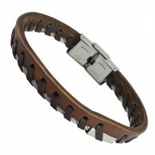 Brown Leather Bracelet with Stainless Steel Cable