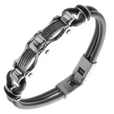 Stainless Steel and Black Round Rubber Bracelet With Curved Plate And Detailed Cable Design 