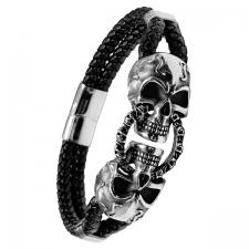 Leather with Stainless Steel Skull Bracelet