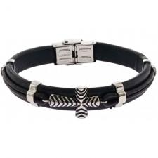 Brown On Black Leather Bracelet With Stainless Steel Cross