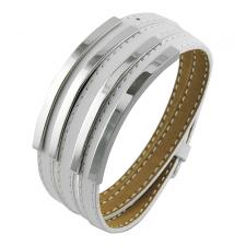 Beautiful 3 White Leather Straps Bangle conjoined with Stainless Steel Plates 