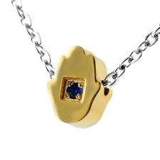 Stainless Steel Jeweled Gold PVD HAMSA Judaica Symbol Pendant with Oval Link 18 IN Chain
