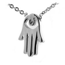 Stainless Steel Necklace with Clear CZ Hamsa Judaica Symbol Pendant (16 in)