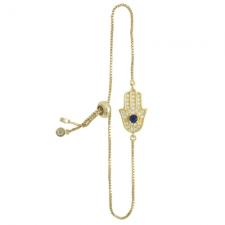 Gold Tone Box Link CZ Encrusted Hamsa Bracelet