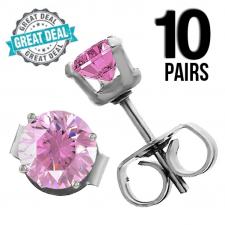 Wholesale 10 Pink Round CZ Ear Studs with Stainless Steel Post