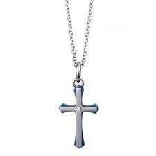 Fashionable Stainless Steel Cross Pendant With Light Blue PVD Outline