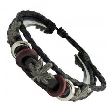 Black Braided Adjustable Leather Bracelet with Pot Leaf Charms