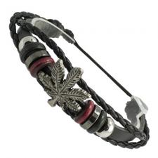 Black Braided Adjustable Leather Bracelet with Pot Leaf Charm