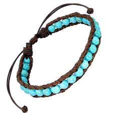 Brown Leather with Turquoise Bead Accents Drawstring Adjustable Bracelet
