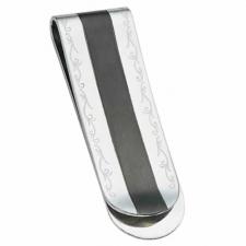 Stainless Steel Money Clip With Black PVD Stripe And Etched Vine Design