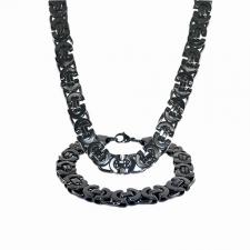 Stainless Steel Black Flat Byzantine Necklace / Bracelet Set