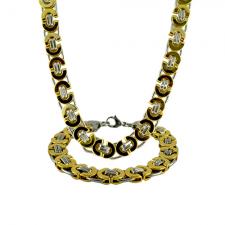 Stainless Steel Two Tone Flat Byzantine Necklace / Bracelet Set