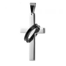 Stainless Steel Cross Pendant with Black PVD Ring Attached