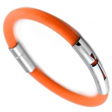 Stainless Steel And Orange Rubber Bracelet With Cut Out Cross Design