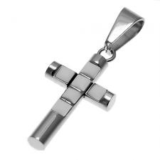 Stainless Steel Cross Pendant with White Ceramic Square Design