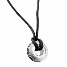 Stainless Steel Circular Pendant w/ Black And Clear Stones Wrapped Around 