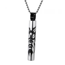 Stainless Steel Cylindrical Pendant with Black PVD Tribal Face Design