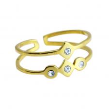 Stainless Steel Double Banded Triangular and Circular Gold-Toned Ring with CZ Accents 