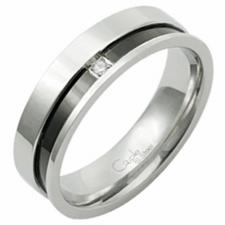 Stainless Steel Ring With Black PVD Stripe And CZ Stone