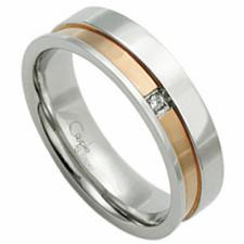 Stainless Steel Ring With Rose Gold PVD Stripe And CZ Stone