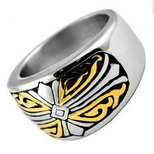 Stainless Steel Ring With Gold PVD Tribal Design