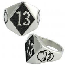 Stainless Steel Lucky 13 Ring with Skull Accents