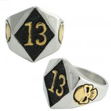 Two-Tone Stainless Steel Lucky 13 Ring with Skull Accents