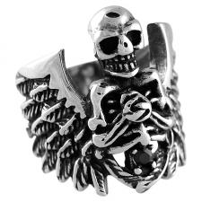 Stainless Steel Skull Skeleton w/ Wings and Jet CZ Ring