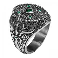 Stainless Steel Biker Ring with Green Stones