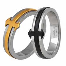 Stainless Steel Ring with Black or Gold PVD Accent Cross